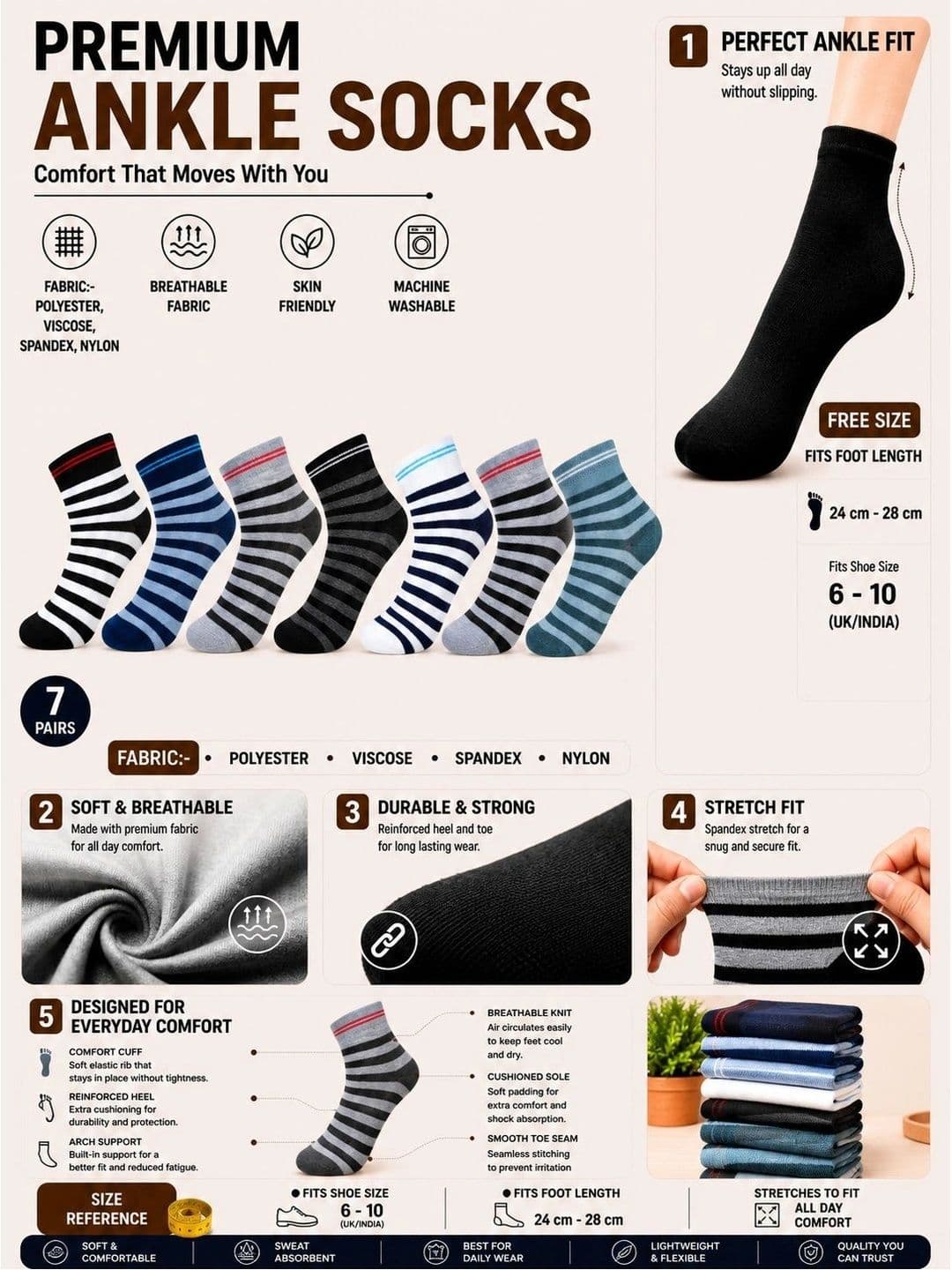 ADDOSSO Men Pack of 7 Cotton Assorted Striped Ankle Length Socks thumbnail 4