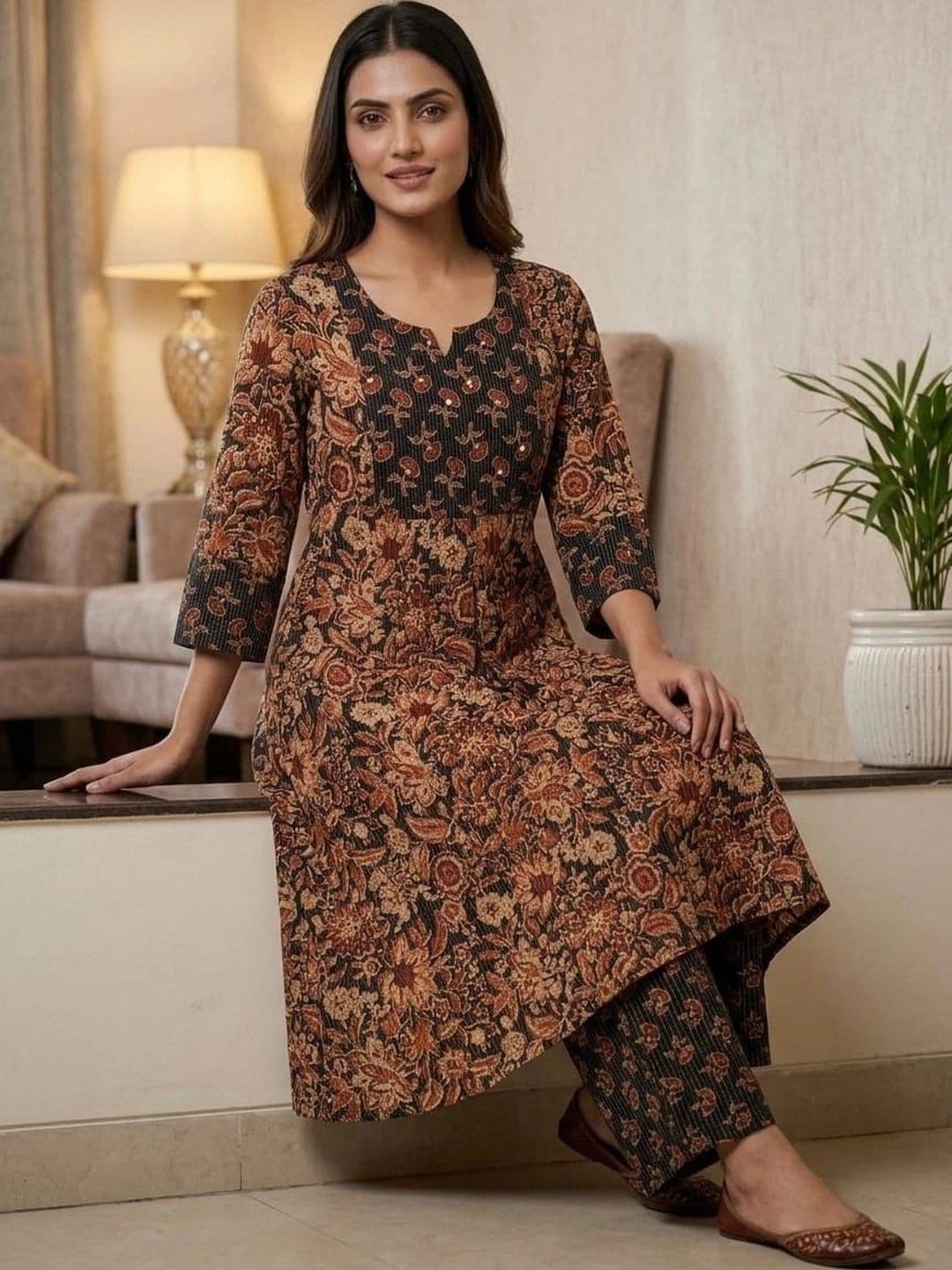 Sangria Women Floral Printed Regular Pure Cotton Kurta with Palazzos thumbnail 4