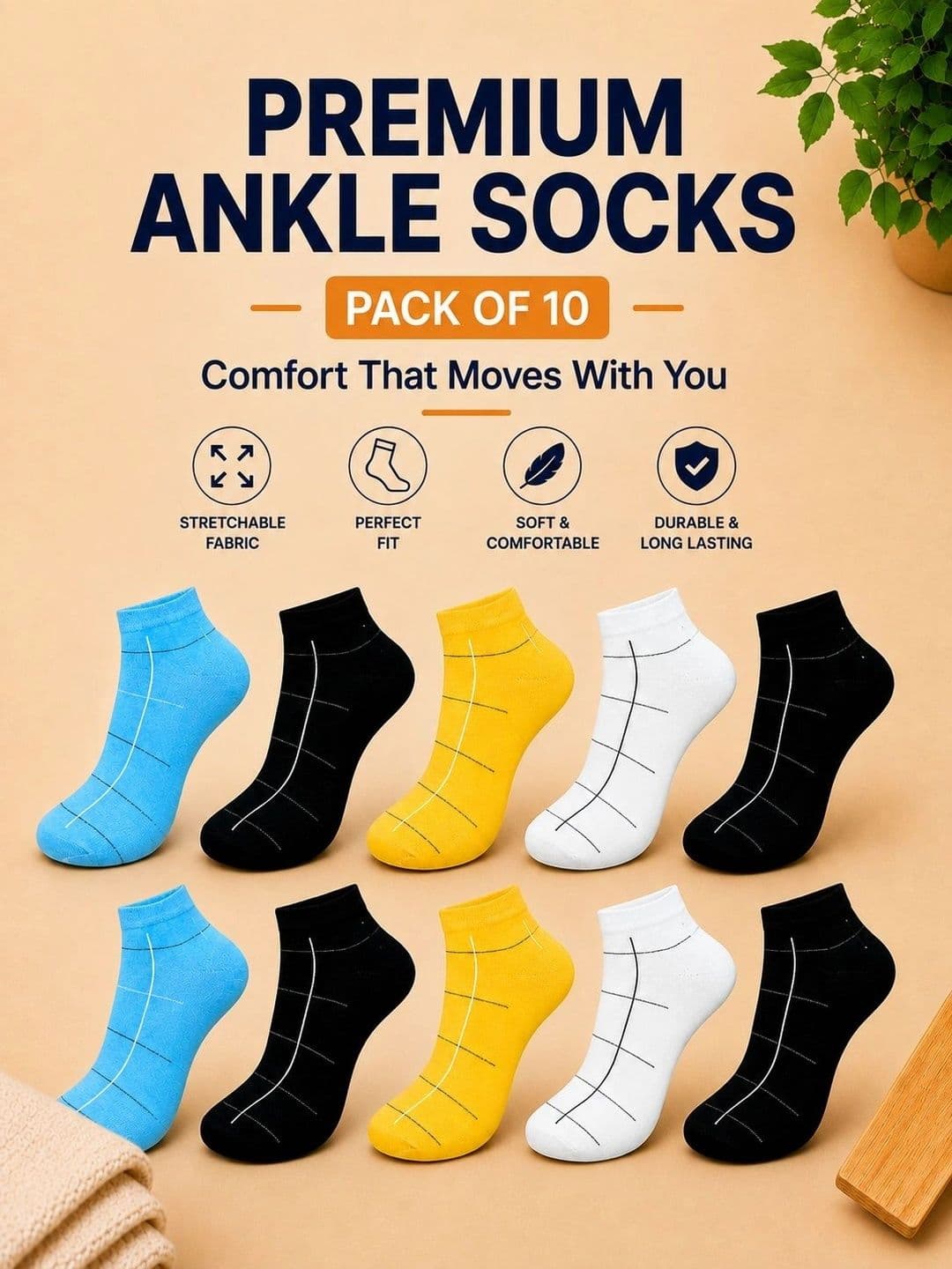 ADDOSSO Men Pack of 10 Cotton Assorted Patterned Ankle Length Socks thumbnail 5