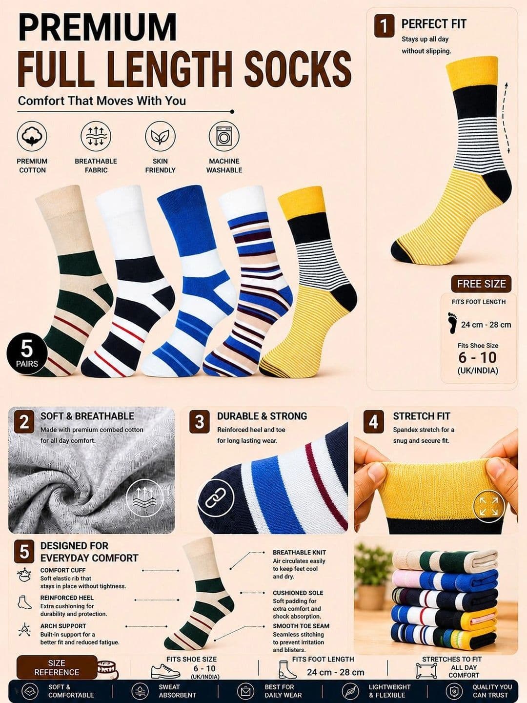 ADDOSSO Men Pack of 5 Cotton Assorted Patterned Calf Length Socks thumbnail 5