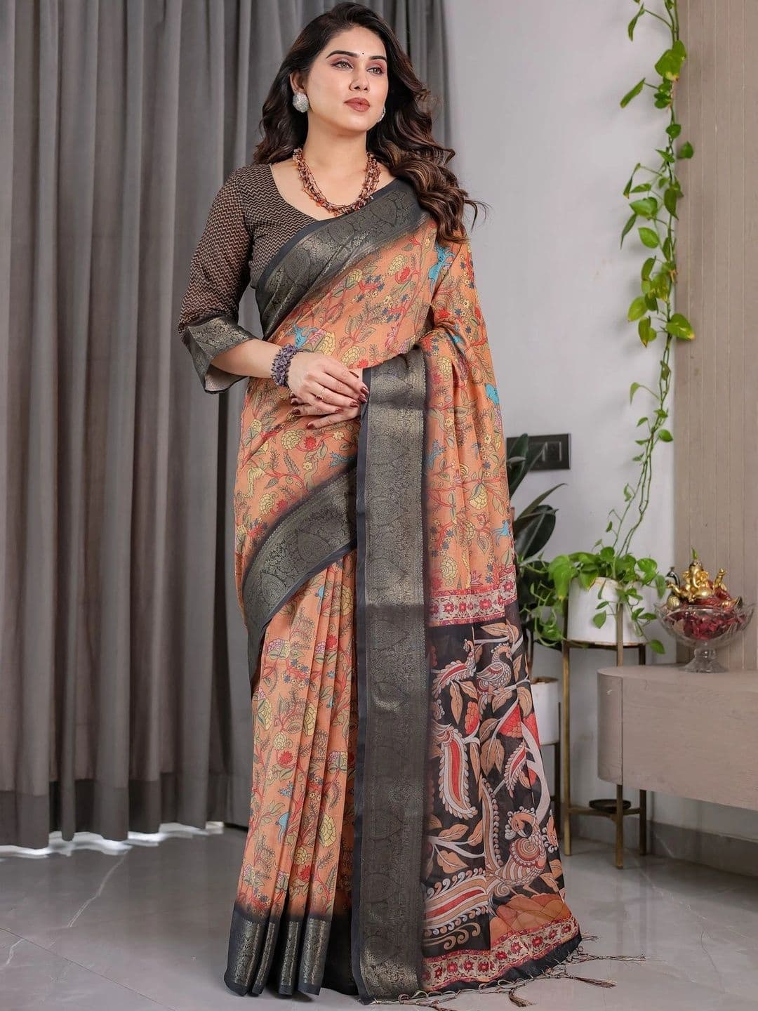 VS MALL Kalamkari Zari Linen Blend Saree thumbnail 3