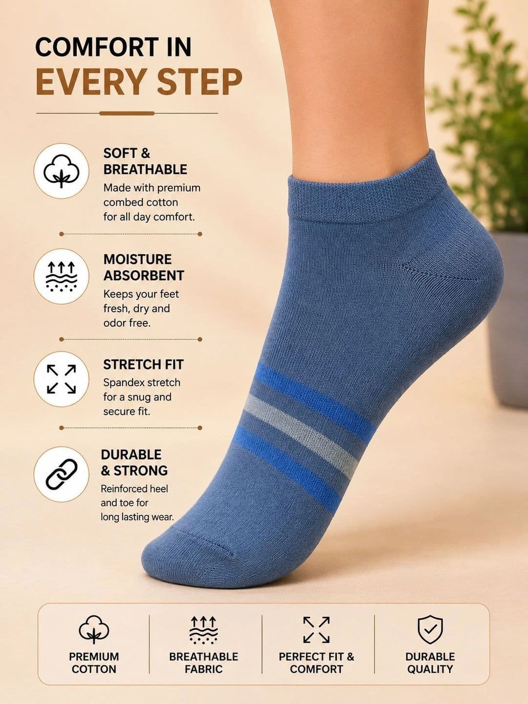 ADDOSSO Men Pack of 10 Cotton Assorted Striped Ankle Length Socks thumbnail 3