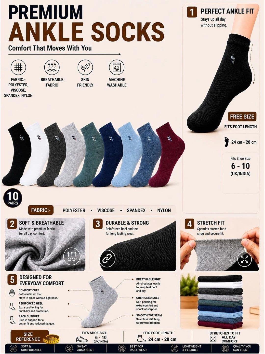 ADDOSSO Men Pack of 10 Cotton Assorted Ankle Length Socks thumbnail 5