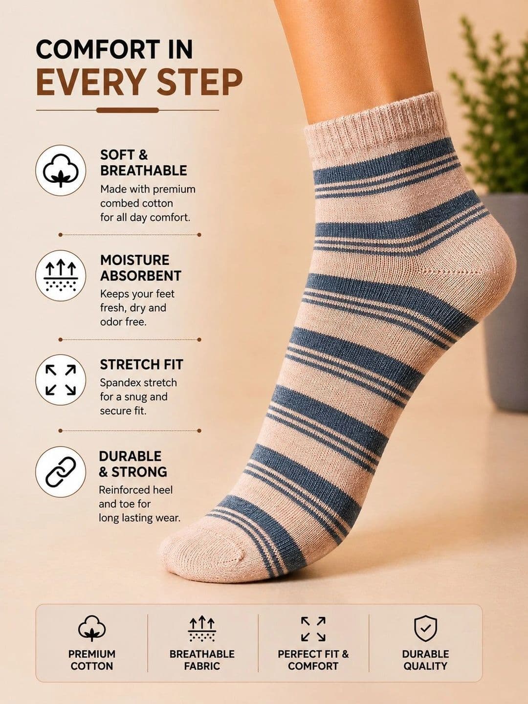ADDOSSO Men Pack of 8 Cotton Assorted Striped Ankle Length Socks thumbnail 4