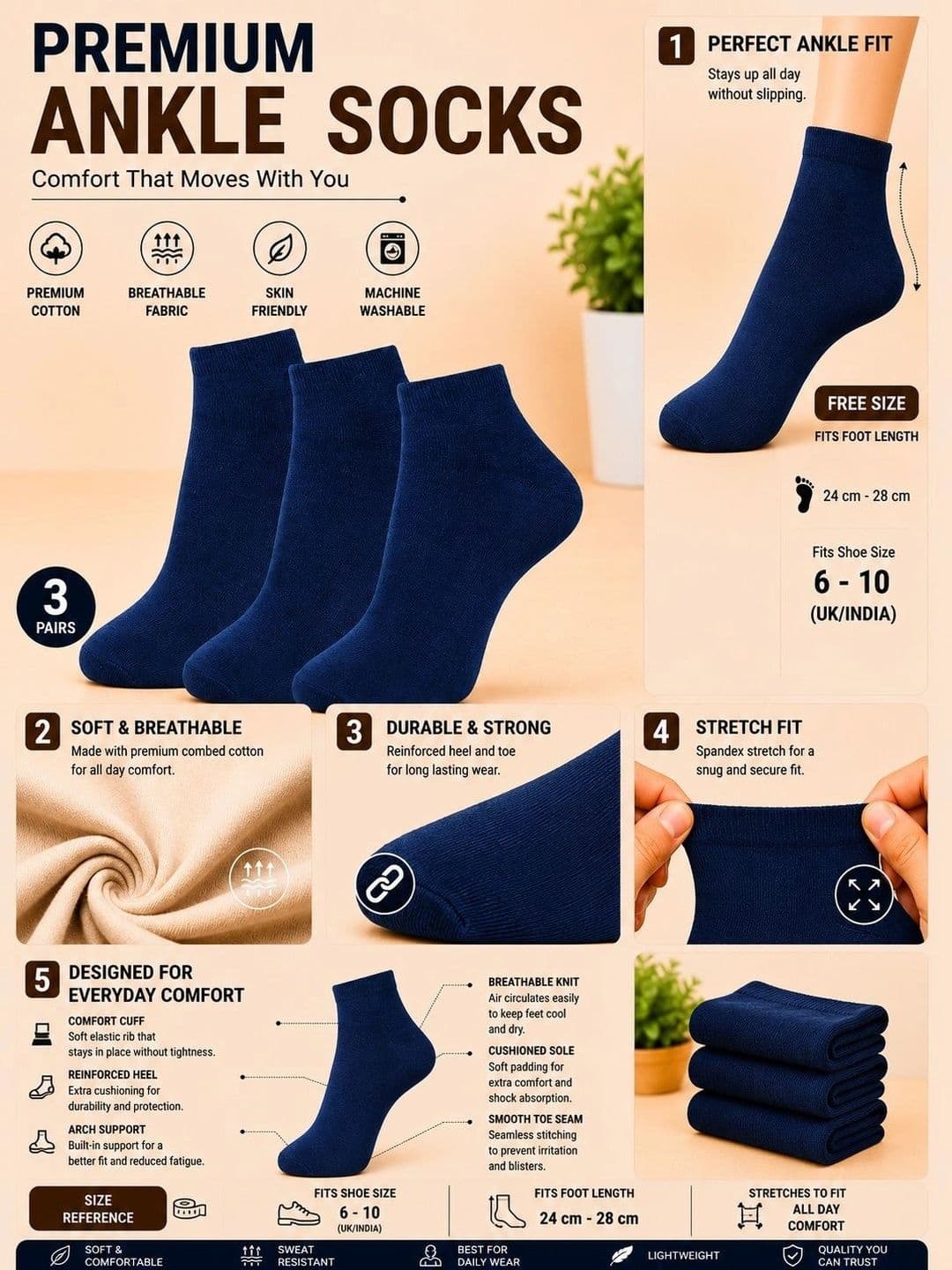 ADDOSSO Men Pack of 3 Cotton Assorted Ankle Length Socks thumbnail 5