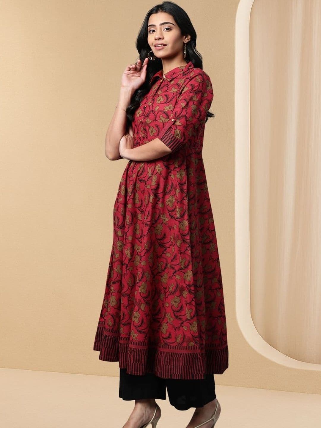 KALINI Floral Printed Shirt Collar Roll-Up Sleeves Cotton Anarkali Kurta thumbnail 3