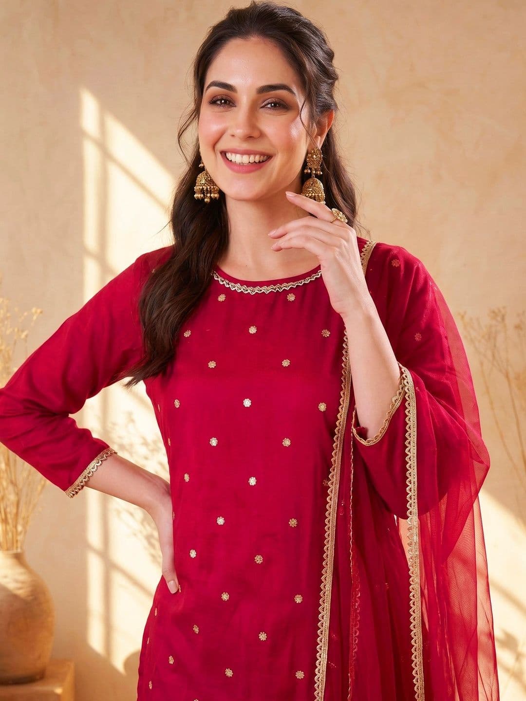 AVANSHEE Women Ethnic Motifs Embroidered Regular Kurta with Palazzos & With Dupatta thumbnail 7