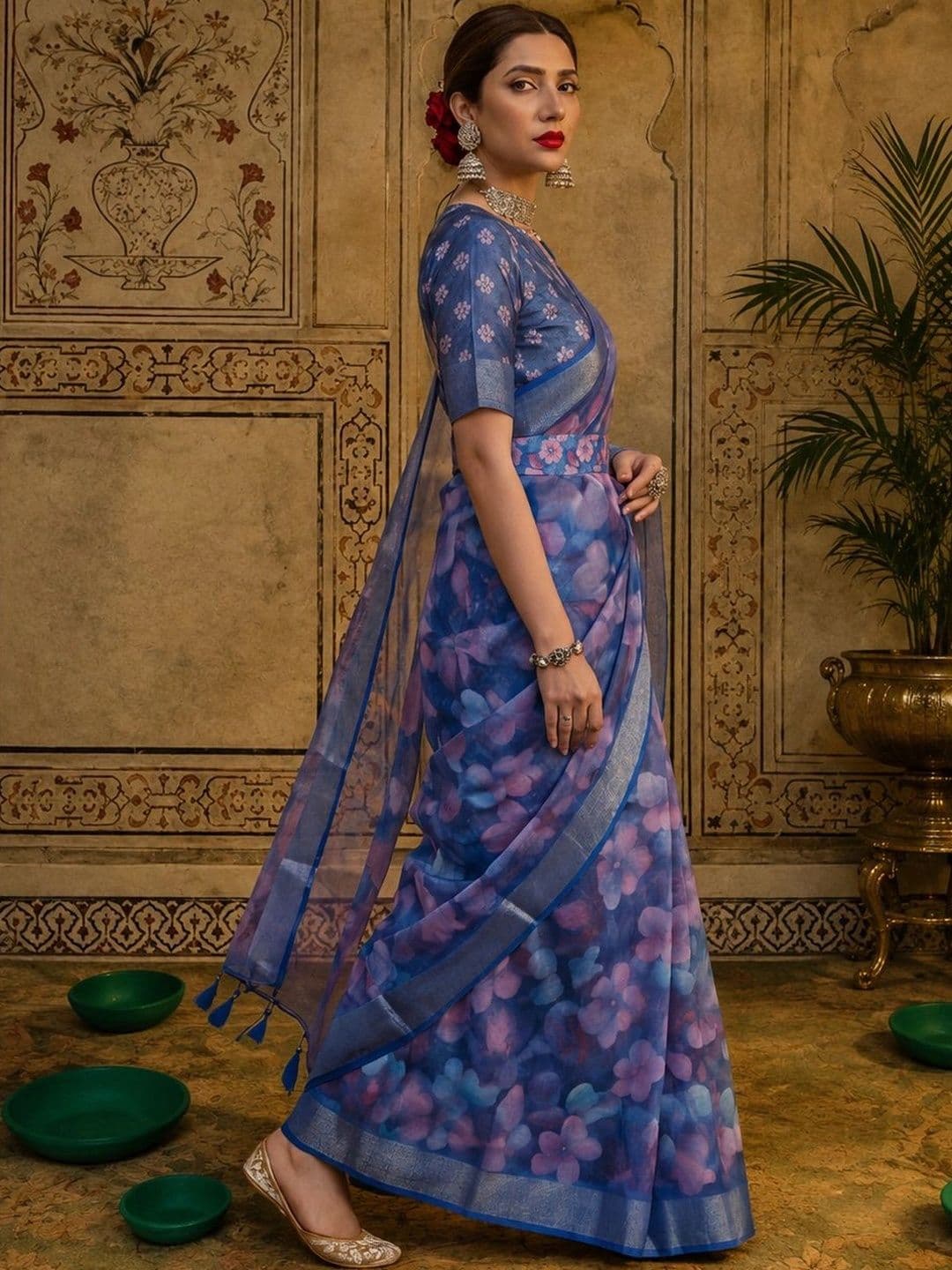 Mitera Floral Zari Silk Cotton Fusion Saree thumbnail 6
