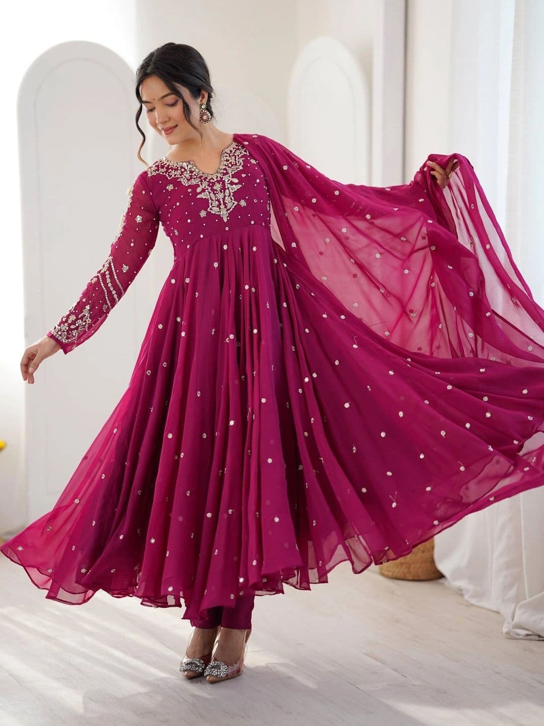 NORAFLEX Women Empire Sequinned Silk Georgette Kurta with Trousers & With Dupatta - view 1