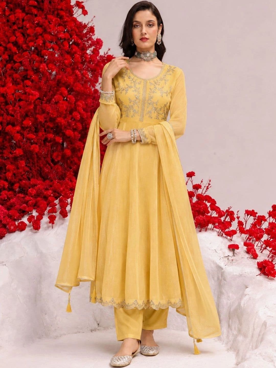 MOKOSH Women Ethnic Motifs Embroidered Empire Thread Work Pure Silk Kurta with Trousers & With Dupatta - view 1