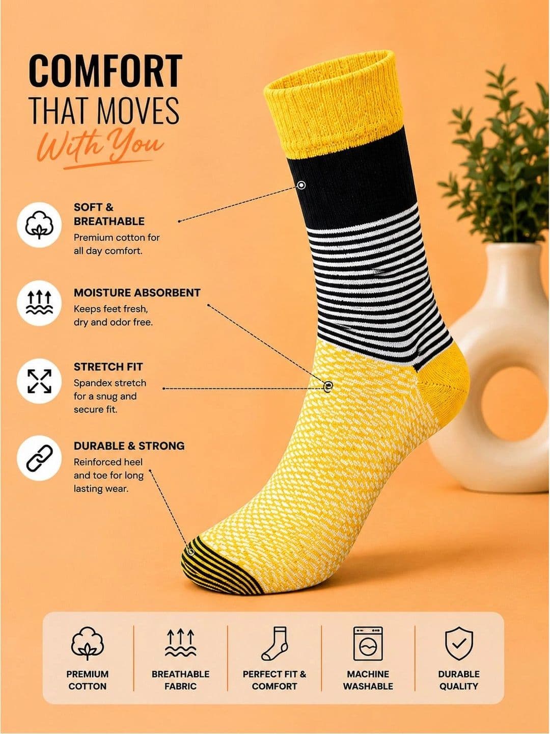 ADDOSSO Men Pack of 6 Cotton Assorted Striped Calf Length Socks thumbnail 4