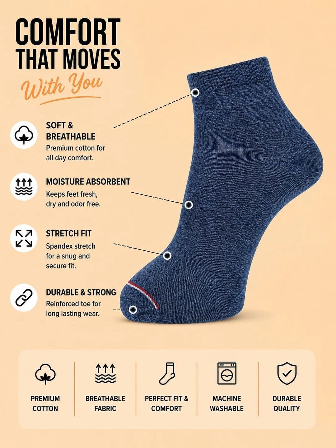 ADDOSSO Men Pack of 3 Cotton Assorted Ankle Length Socks thumbnail 4