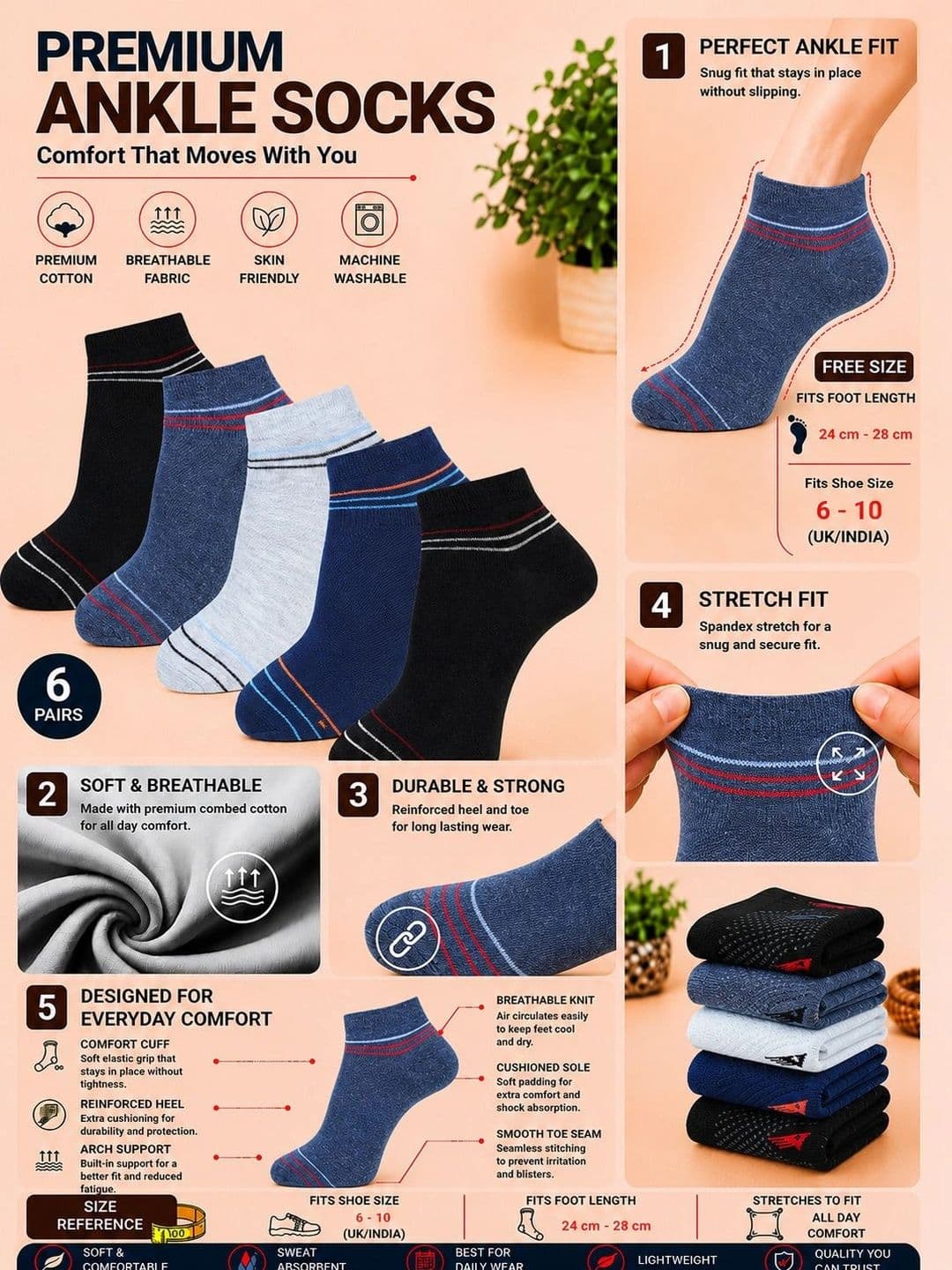 ADDOSSO Men Pack of 5 Cotton Assorted Striped Ankle Length Socks thumbnail 4