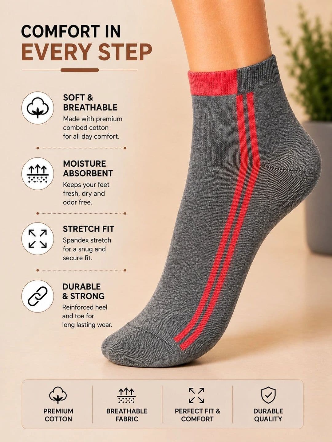 ADDOSSO Men Pack of 10 Cotton Assorted Striped Ankle Length Socks thumbnail 5