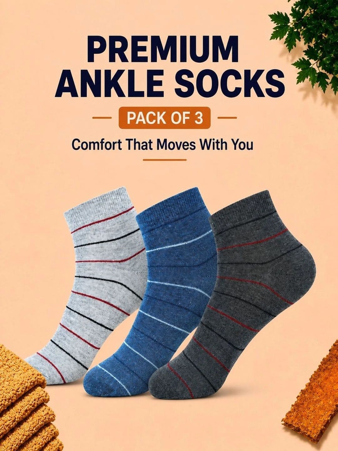 ADDOSSO Men Pack of 3 Cotton Assorted Striped Ankle Length Socks thumbnail 5