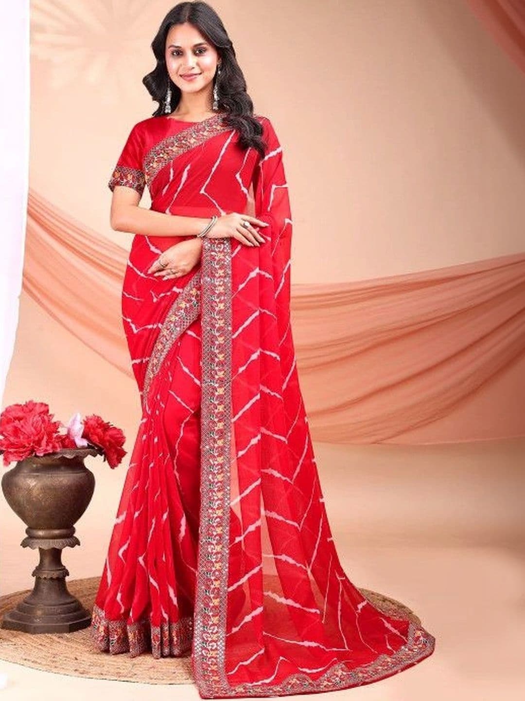 Leelavati Striped Printed Pure Georgette Bandhani Saree With Embroidered Border thumbnail 6