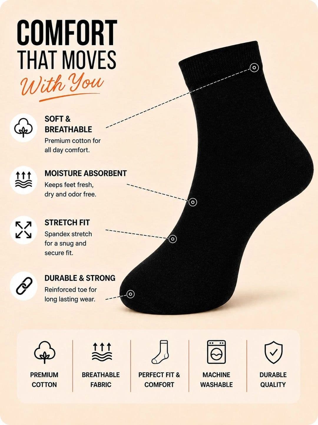 ADDOSSO Men Pack of 5 Cotton Assorted Ankle Length Socks thumbnail 4