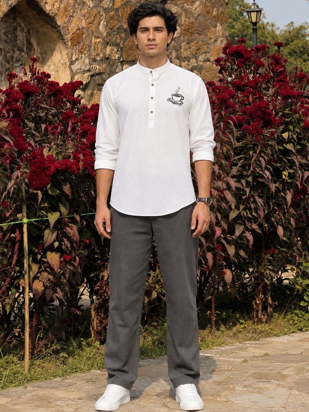 Anouk Men Embroidered Rolled up Sleeves Short Kurta thumbnail 3