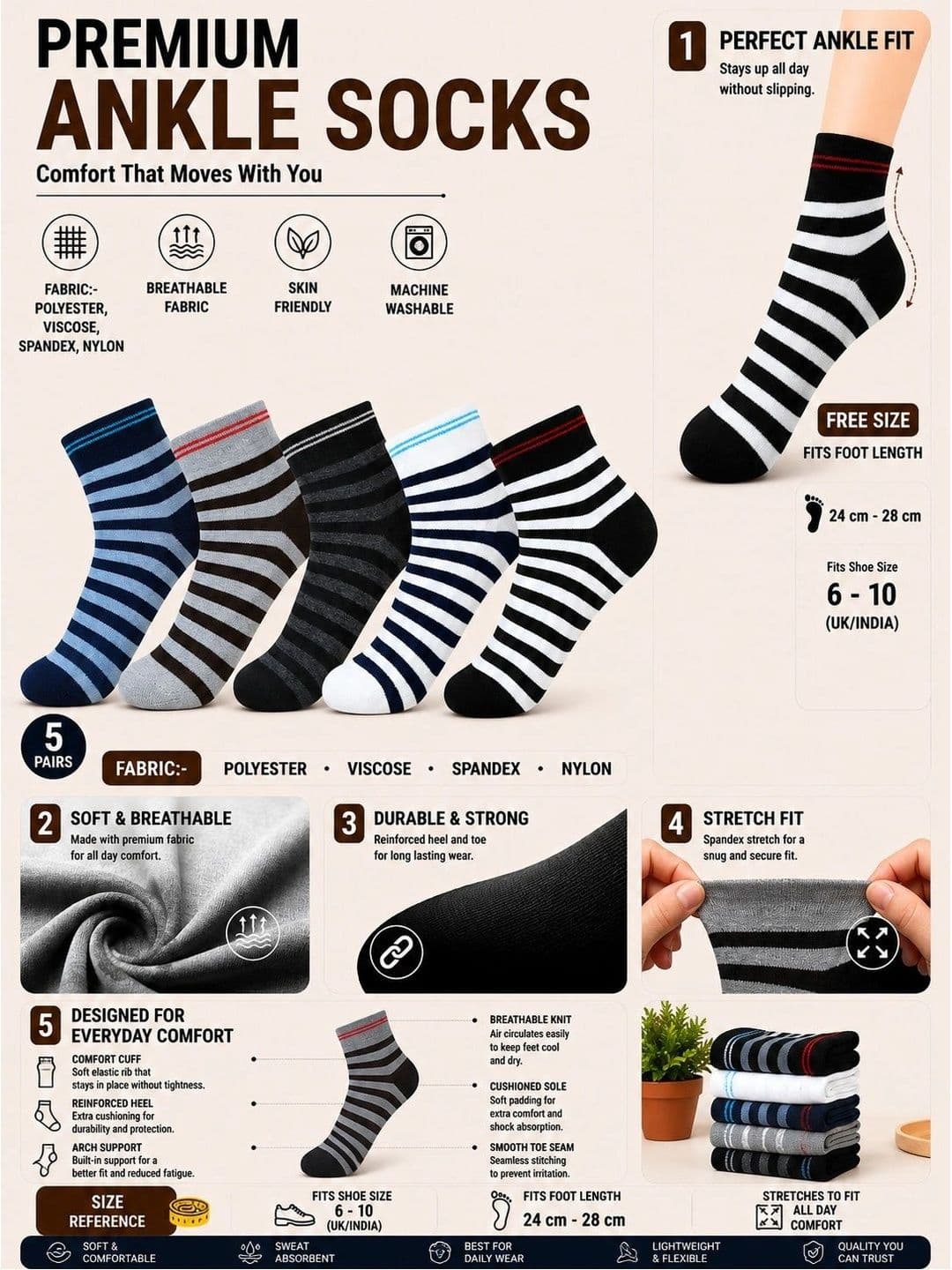 ADDOSSO Men Pack of 5 Cotton Assorted Striped Ankle Length Socks thumbnail 4