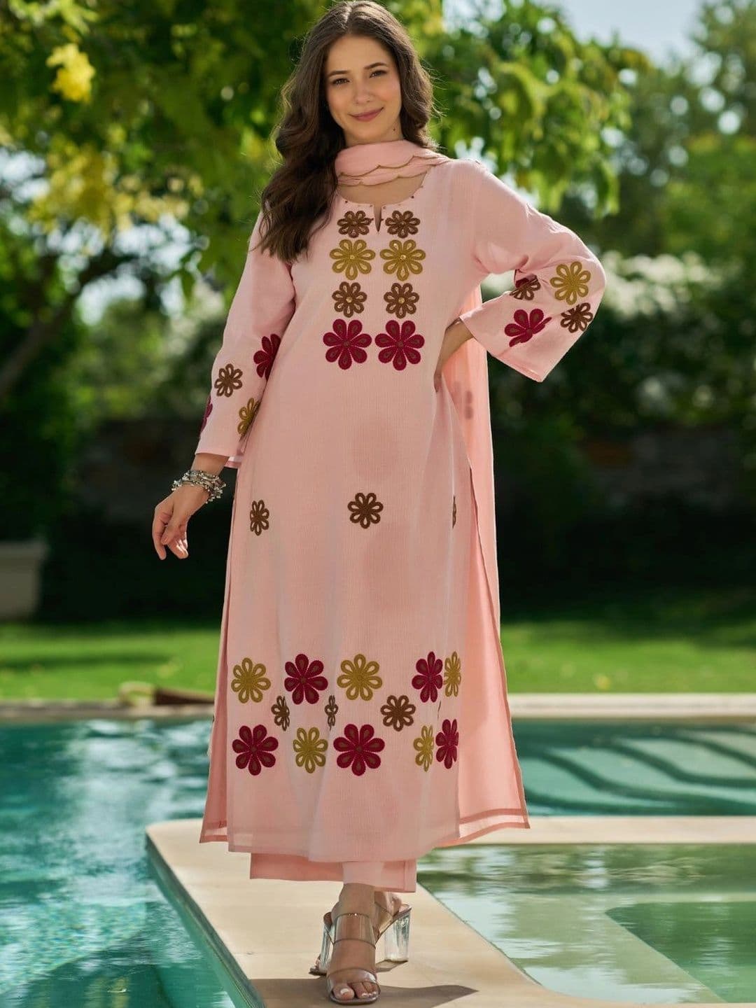 PEACH PIPER Women Floral Thread Work Chanderi Silk Kurta with Trousers & With Dupatta - view 1