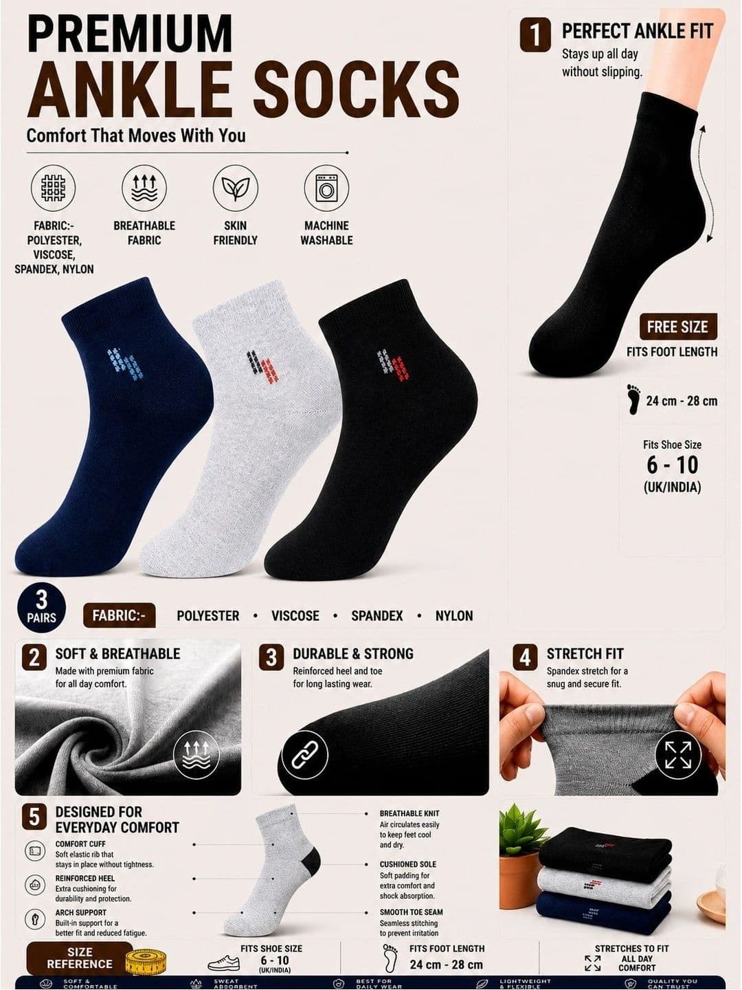 ADDOSSO Men Pack of 3 Cotton Assorted Ankle Length Socks thumbnail 2
