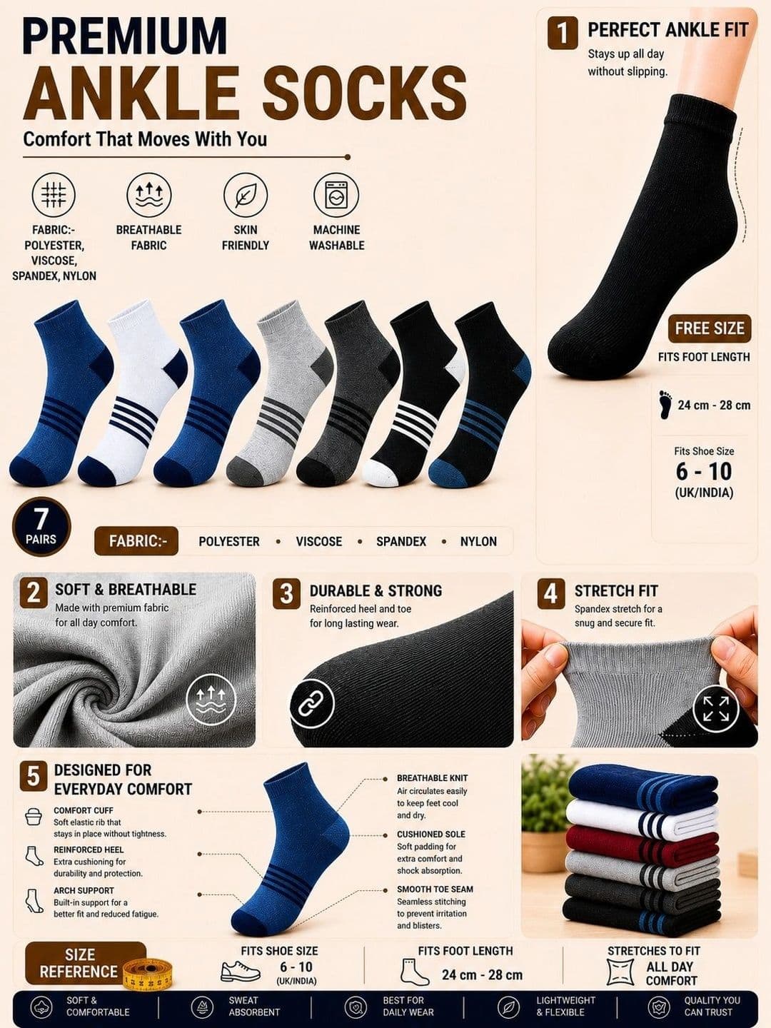 ADDOSSO Men Pack of 7 Cotton Assorted Striped Ankle Length Socks thumbnail 4
