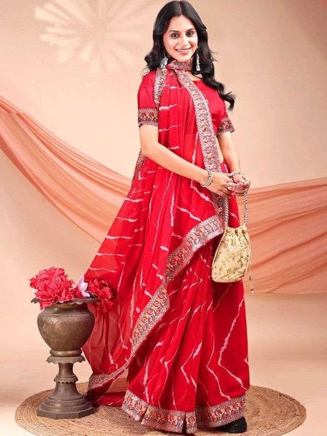 Leelavati Striped Printed Pure Georgette Bandhani Saree With Embroidered Border - view 1