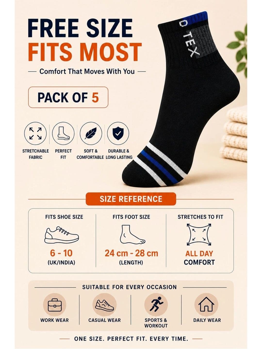 ADDOSSO Men Pack of 5 Cotton Assorted Striped Ankle Length Socks thumbnail 3
