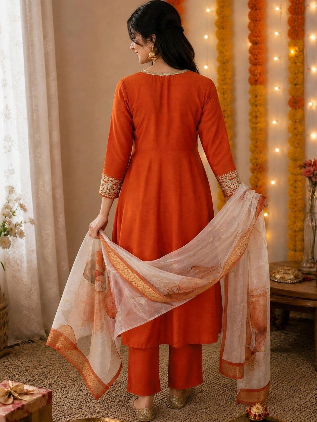 KALINI Women Ethnic Motifs Embroidered Angrakha Thread Work Kurta with Trousers & With Dupatta thumbnail 4