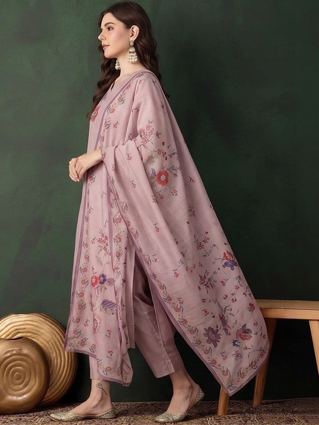 Sangria Women Floral Embroidered Regular Thread Work Chanderi Silk Kurta with Trousers & With Dupatta thumbnail 2