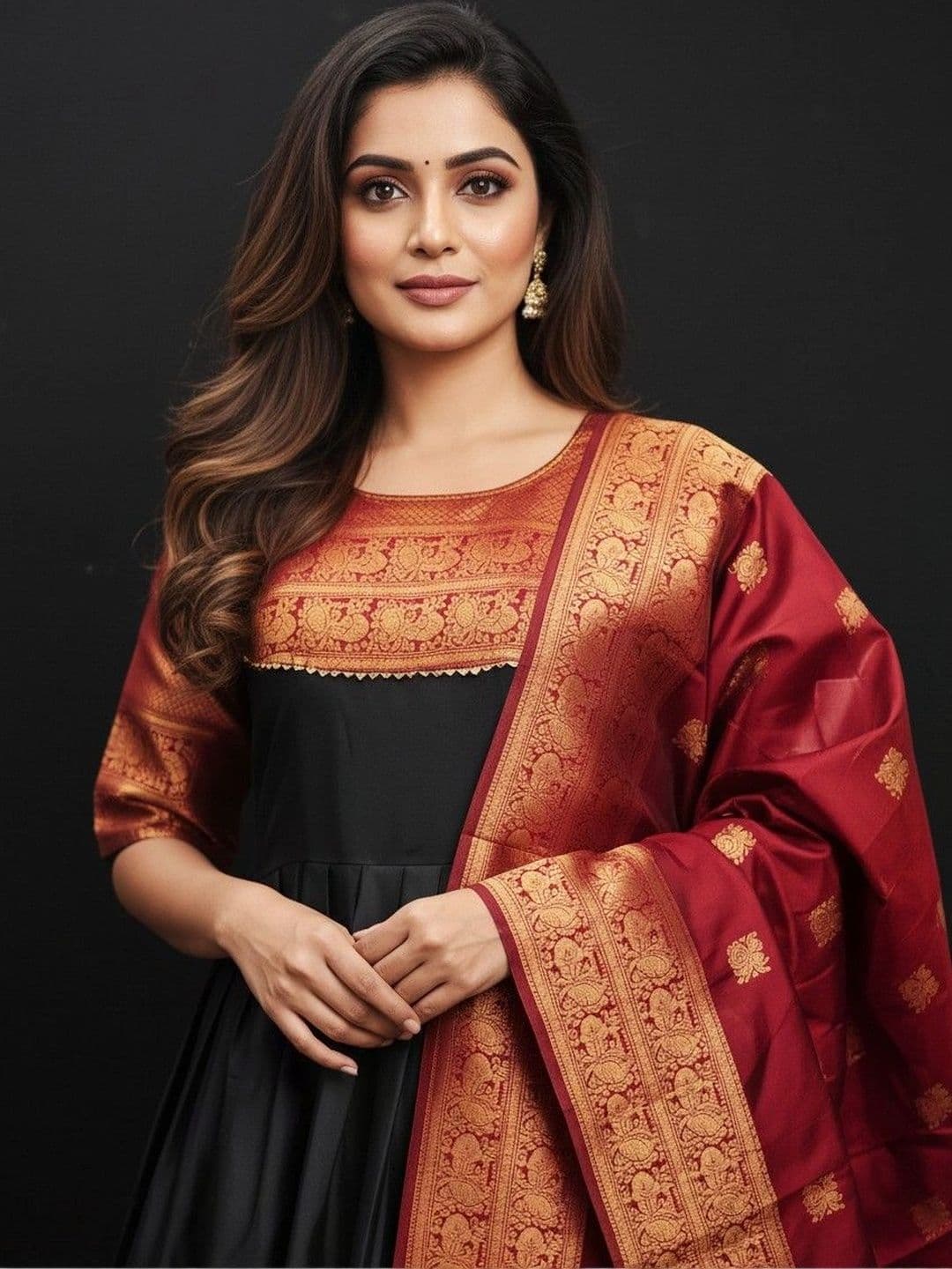 SmileyFashion Woven Round Neck Maxi Ethnic Dress With Dupatta thumbnail 2