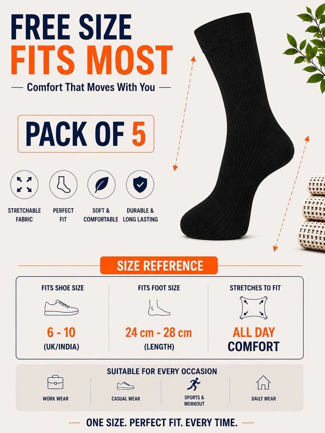 ADDOSSO Men Pack of 5 Cotton Assorted Calf Length Socks thumbnail 2
