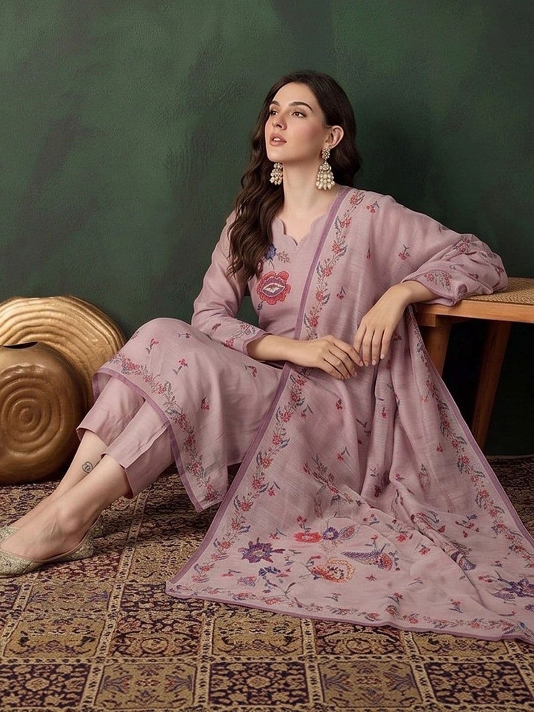 Sangria Women Floral Embroidered Regular Thread Work Chanderi Silk Kurta with Trousers & With Dupatta - view 1