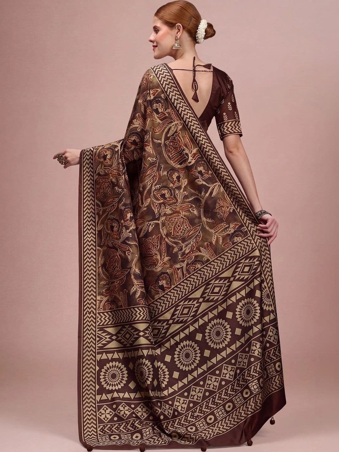 Sangria Kalamkari Silk Blend Designer Block Print Saree thumbnail 6