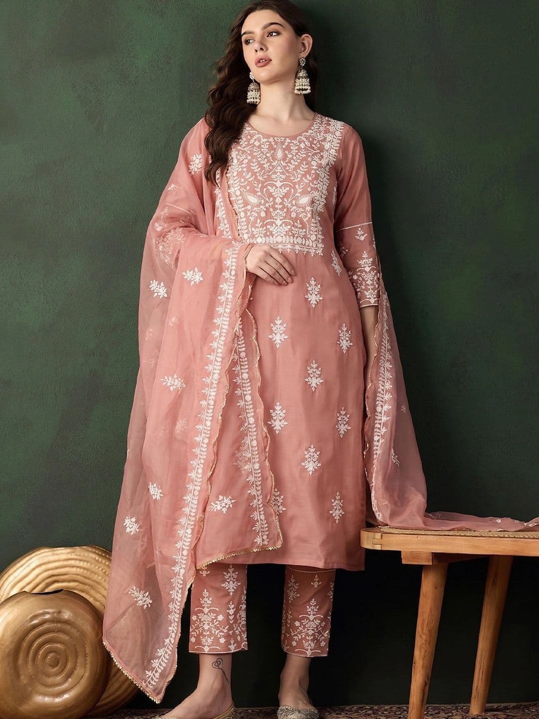Sangria Women Ethnic Motifs Embroidered Regular Thread Work Pure Cotton Kurta with Trousers & With Dupatta - view 1