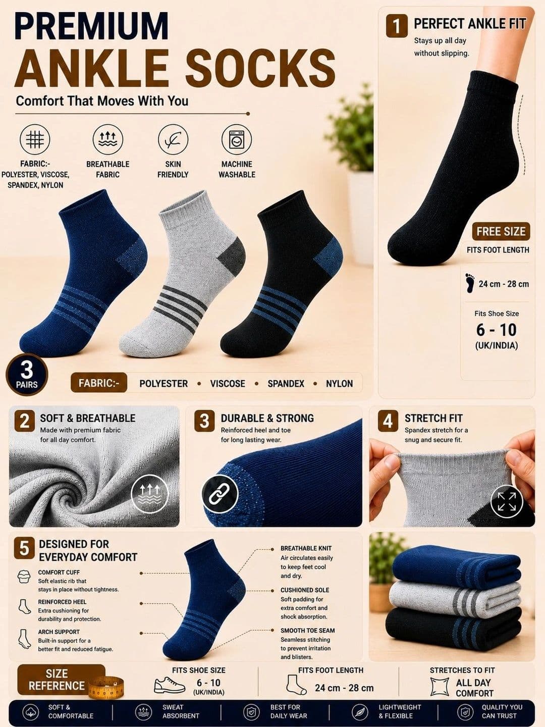 ADDOSSO Men Pack of 3 Cotton Assorted Striped Ankle Length Socks thumbnail 5