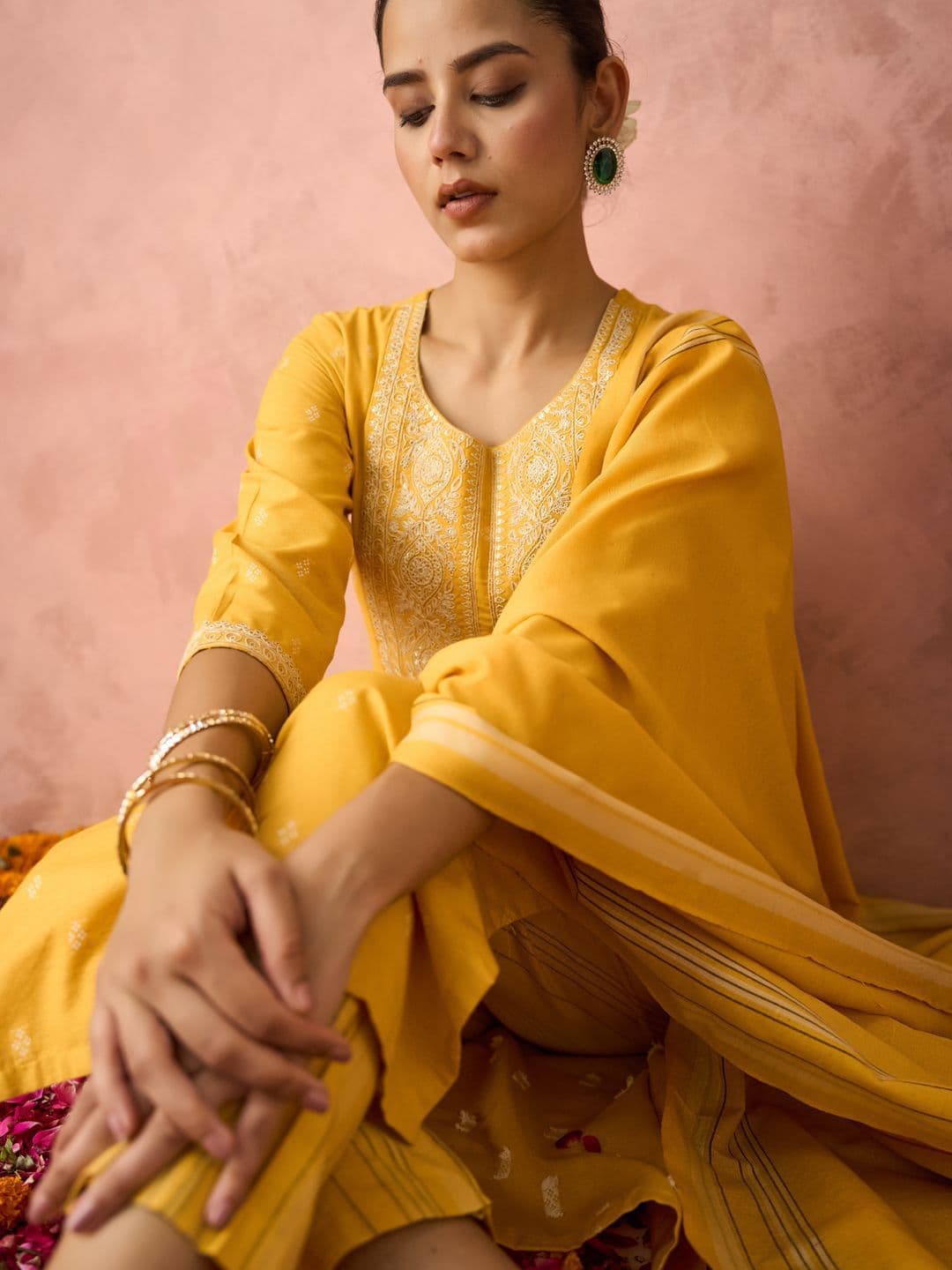 KALINI Woven Design Floral Embroidered Straight Kurta With Trouser And Dupatta thumbnail 5
