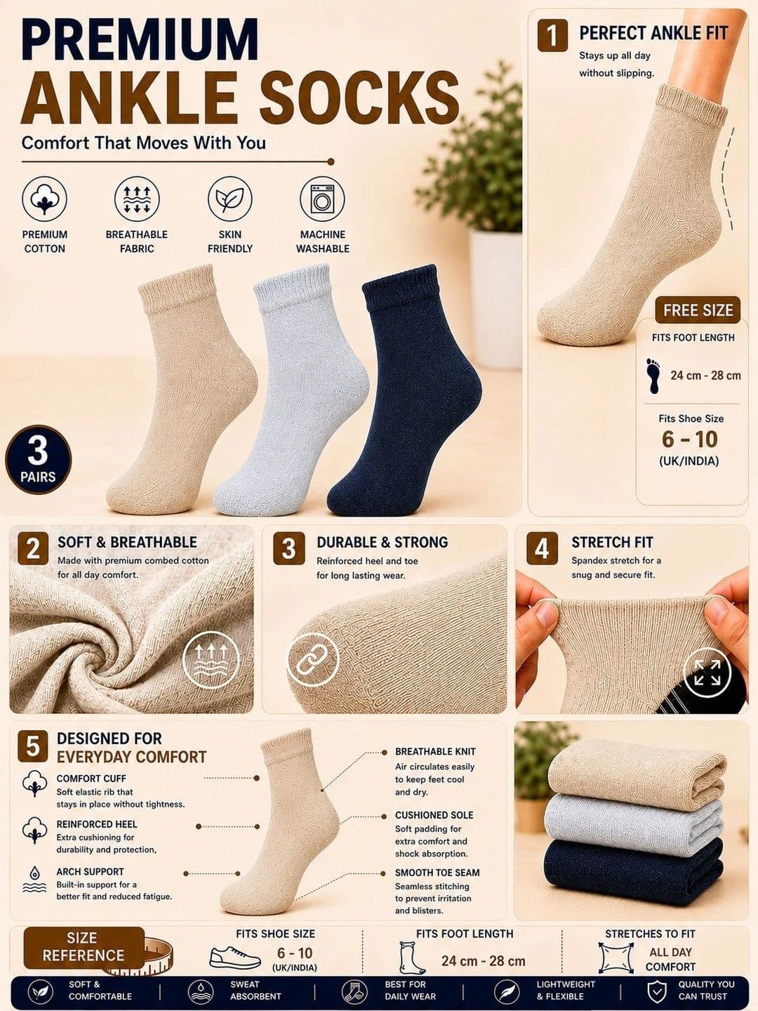 ADDOSSO Men Pack of 3 Cotton Assorted Ankle Length Socks thumbnail 5