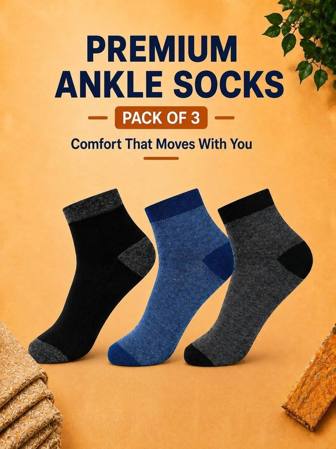 ADDOSSO Men Pack of 3 Cotton Assorted Colourblocked Ankle Length Socks thumbnail 5