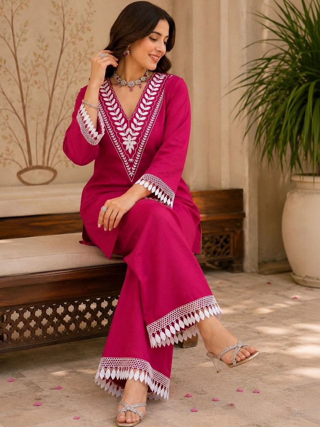 Ibrana Women Ethnic Motifs Embroidered Regular Thread Work Kurta with Palazzos thumbnail 2