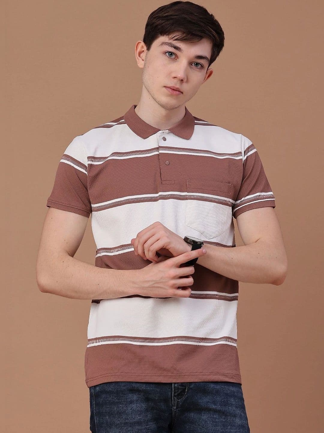 V-Mart Men Striped Polo Collar Pockets Slim Fit T-shirt thumbnail 2