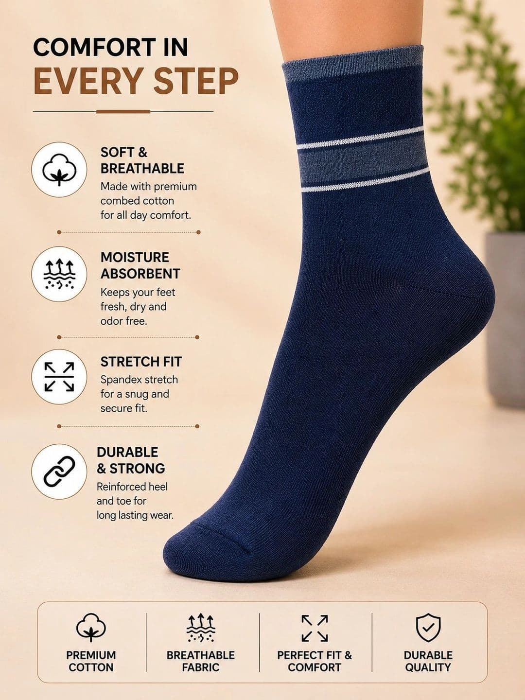 ADDOSSO Men Pack of 3 Cotton Assorted Striped Calf Length Socks thumbnail 4