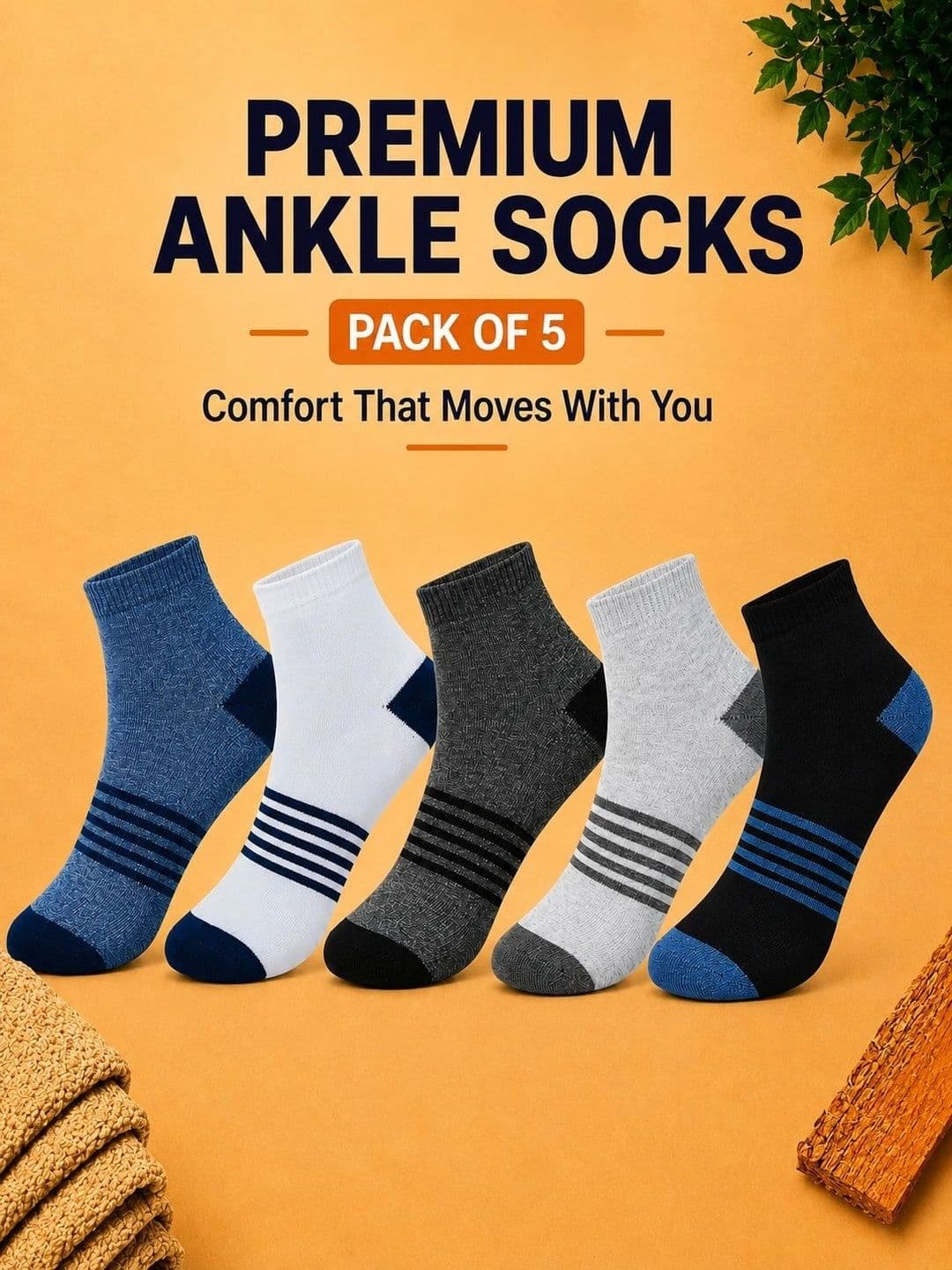 ADDOSSO Men Pack of 5 Cotton Assorted Striped Ankle Length Socks thumbnail 2