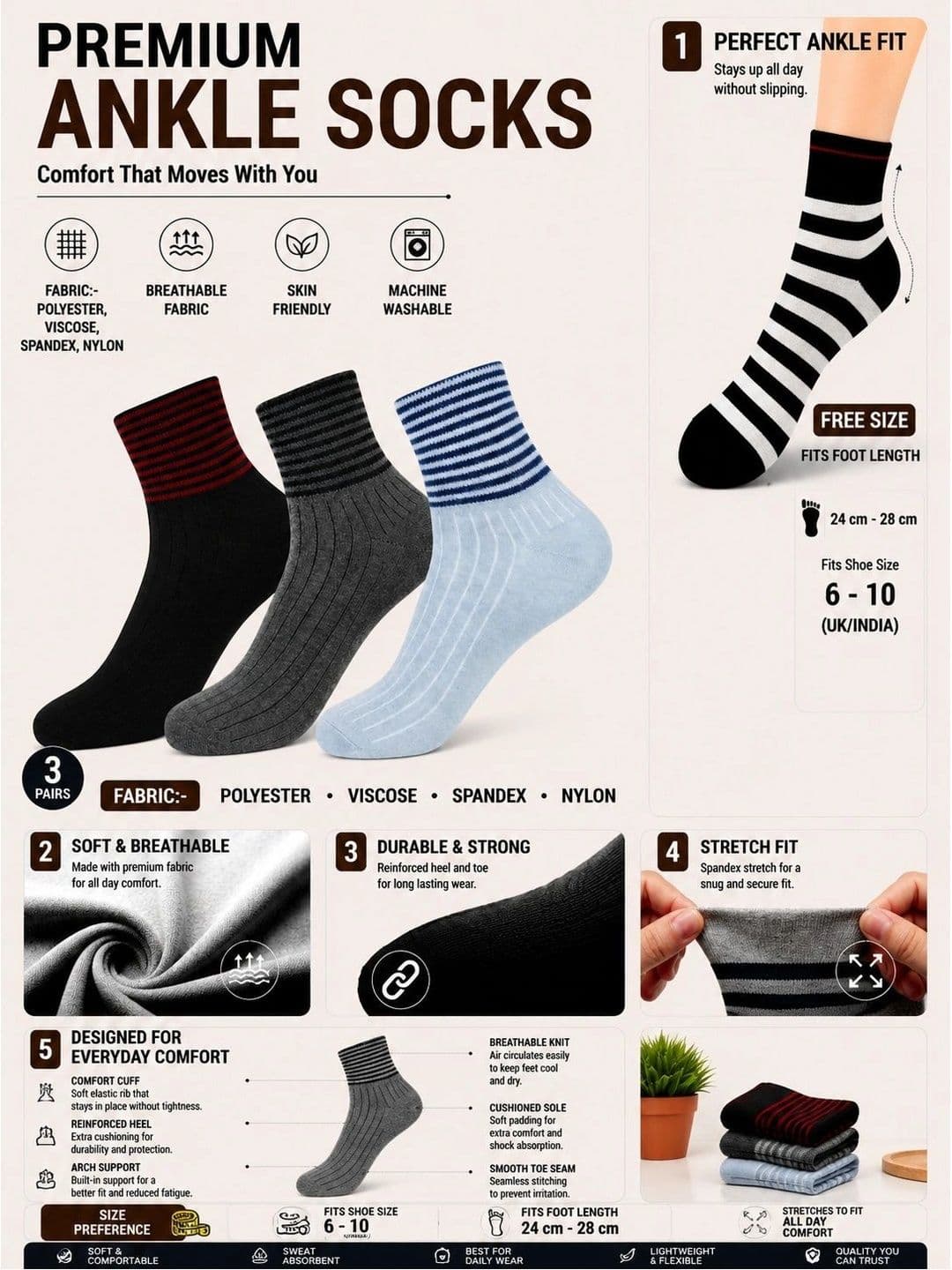 ADDOSSO Men Pack of 3 Cotton Assorted Striped Ankle Length Socks thumbnail 4