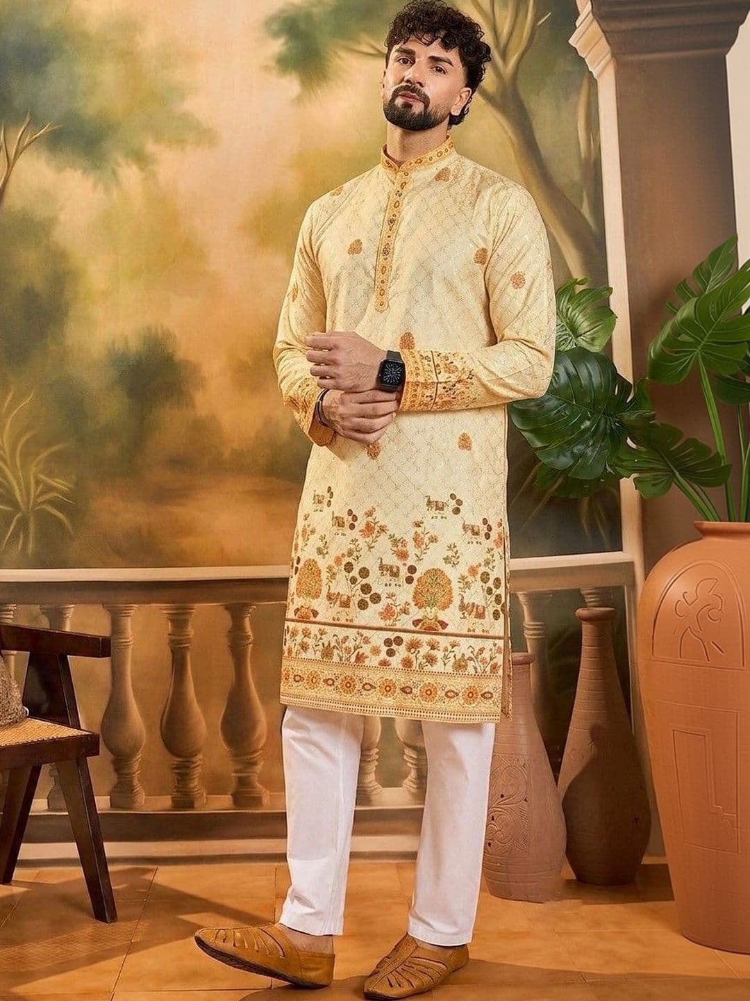 VELKYNOX Men Ethnic Motifs Thread Work Kurta thumbnail 3