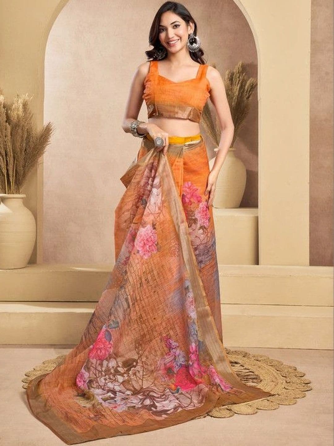 plothah Floral Linen Blend Reay To Wear Saree thumbnail 6