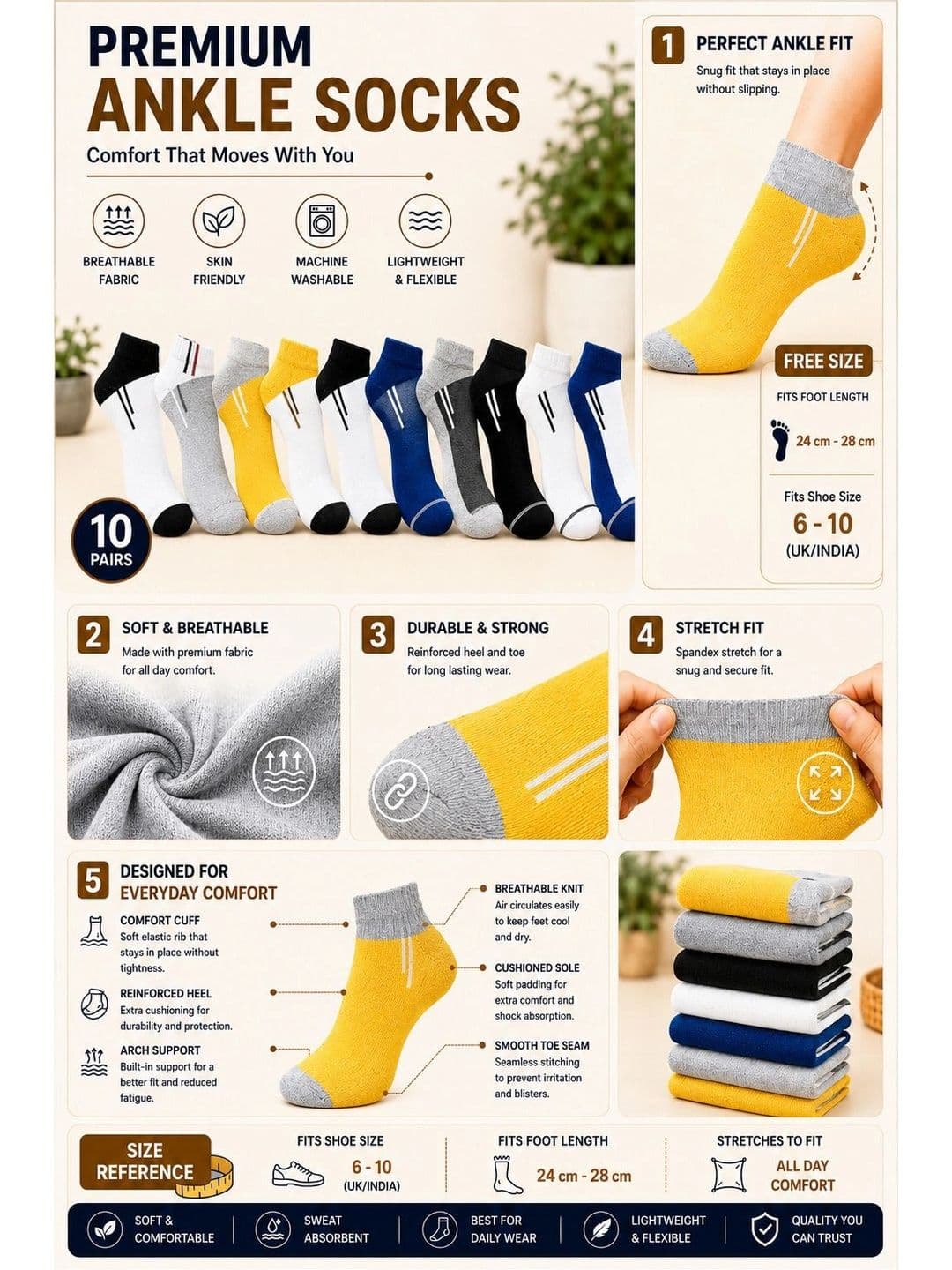ADDOSSO Men Pack of 10 Cotton Assorted Colourblocked Ankle Length Socks thumbnail 5
