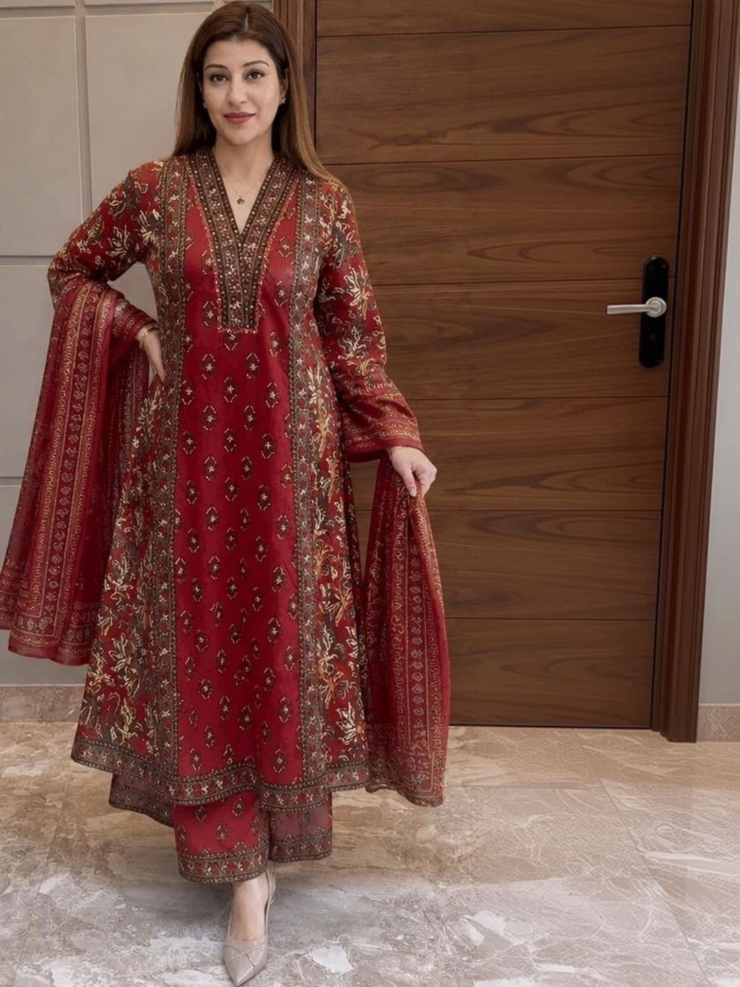 AurexWear Women Ethnic Motifs Printed Regular Pure Cotton Kurta with Palazzos & With Dupatta thumbnail 2