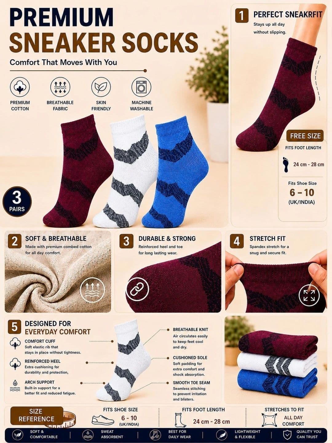 ADDOSSO Men Pack of 3 Cotton Assorted Patterned Ankle Length Socks thumbnail 5