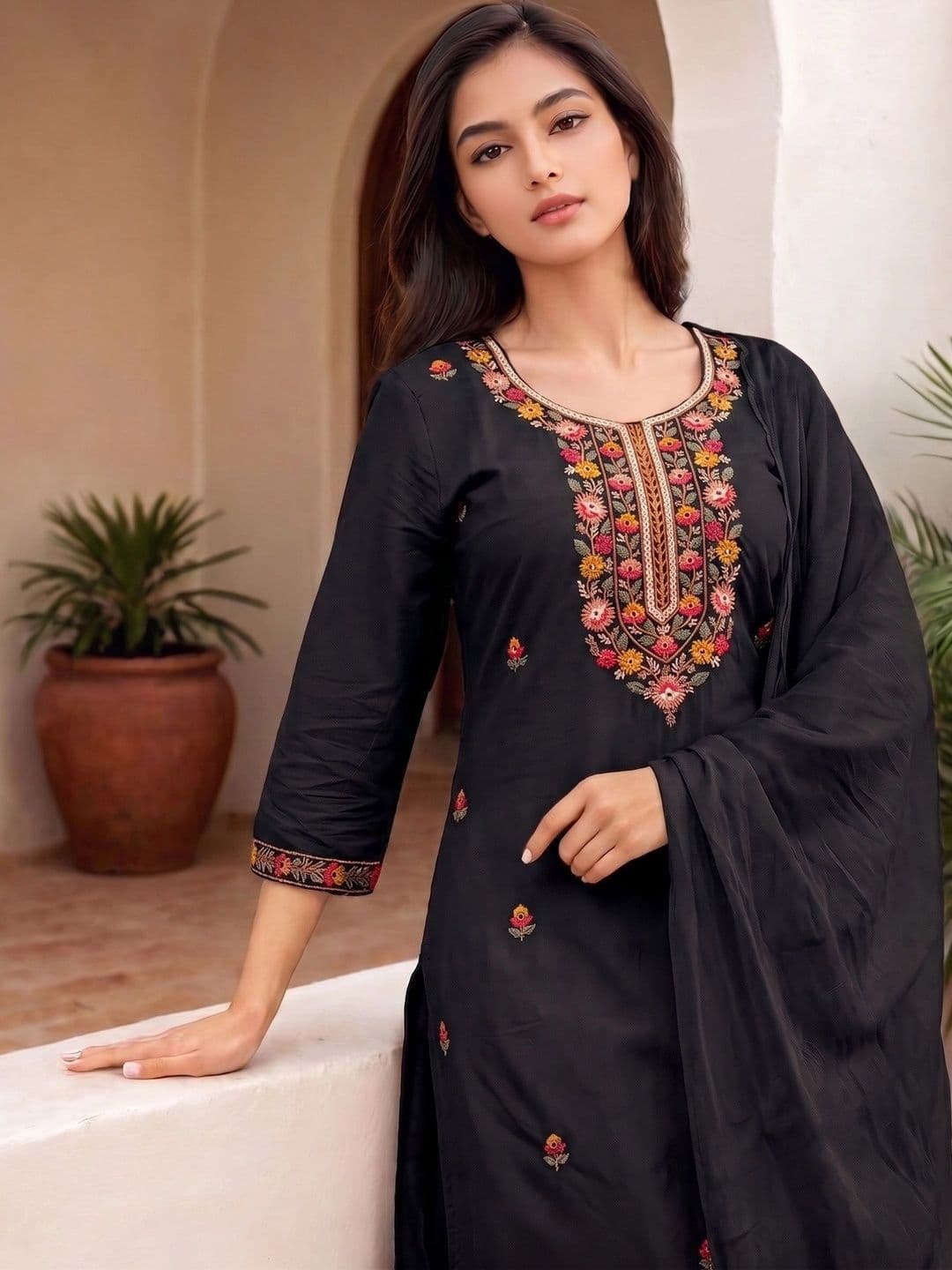 Sangria Women Ethnic Motifs Embroidered Regular Thread Work Kurta with Trousers & With Dupatta thumbnail 5